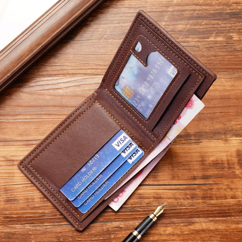Men's three-fold PU leather wallet with multiple card slots in horizontal design