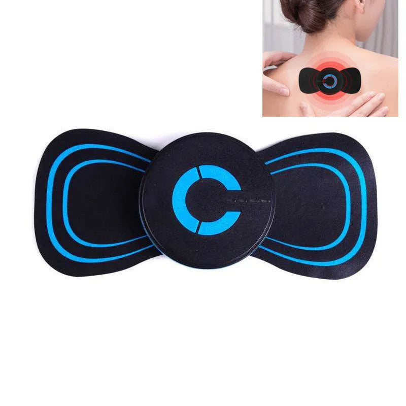 Black HQ-185 mini electric shoulder and neck massager with massage patch, shown next to a ruler for scale.