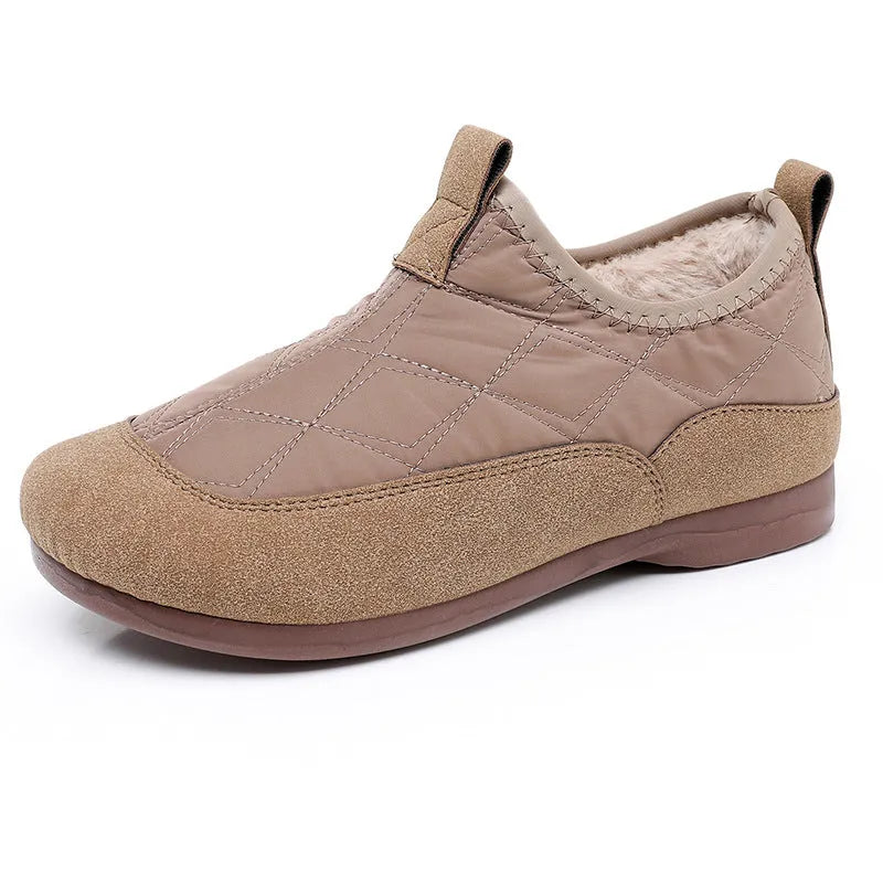 Women's winter cloth shoes in apricot with umbrella cloth upper, flat heel, and velvet soft bottom