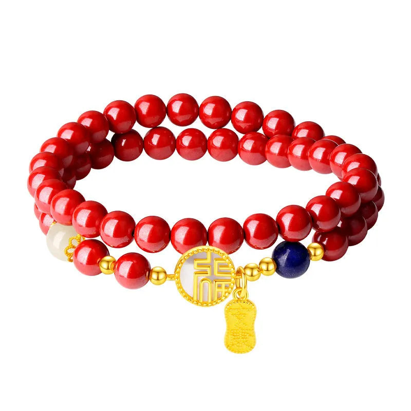 S925 sterling silver bracelet with 6mm beads, white shell, cinnabar, and a purple gold sandstone blessing card charm.
