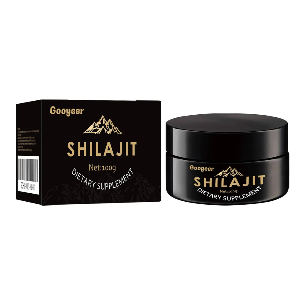Googeer Shilajit dietary supplement body care kit showing a 100g container