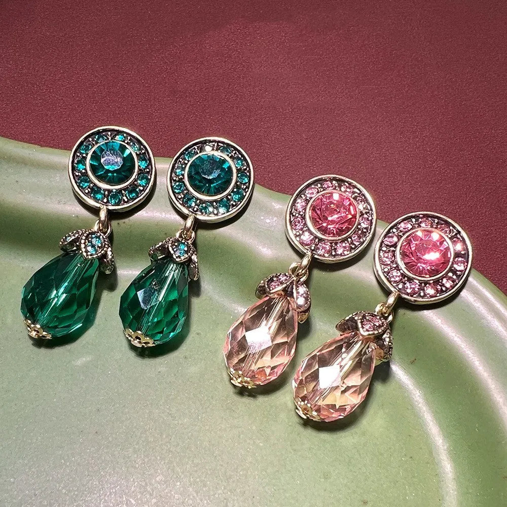 Pair of high-grade crystal zircon drop earrings in green and pink with glossy glass glaze finish