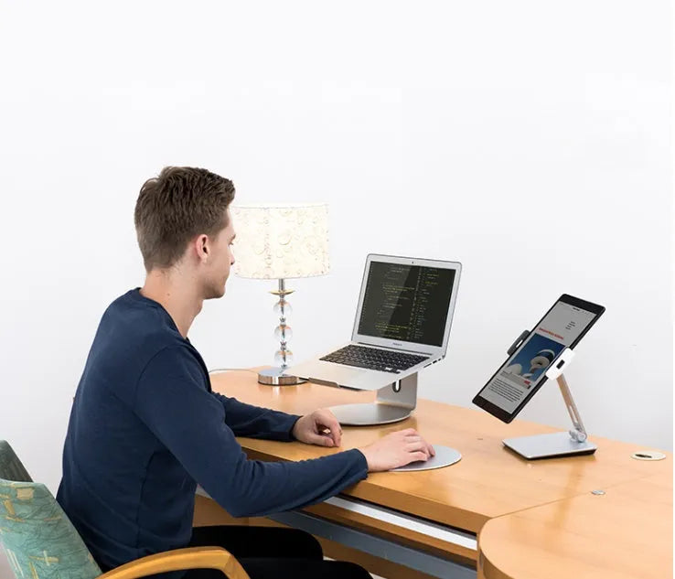 Folding aluminium desktop phone and tablet stand with 360-degree rotation