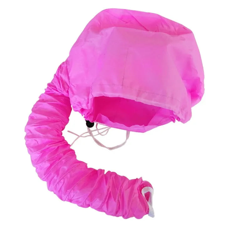 Pink hair dryer bonnet hood with drawstring and elastic tube for universal fit
