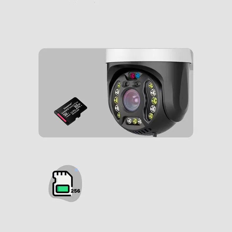 Outdoor dome security camera with 360-degree rotation on a wall mount.