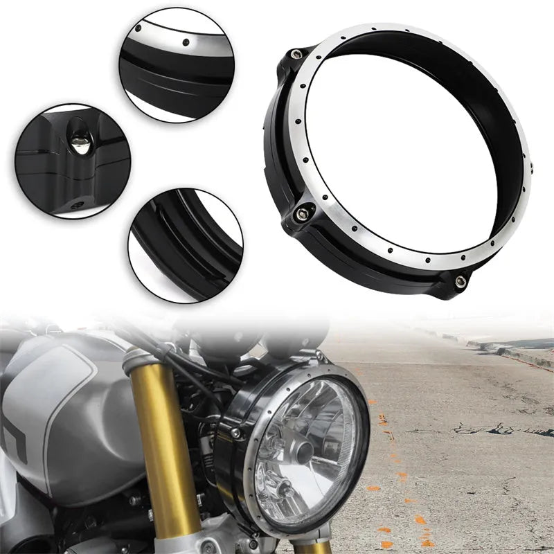 Black CNC aluminium headlight cover frame for BMW R Nine T Scrambler motorcycle