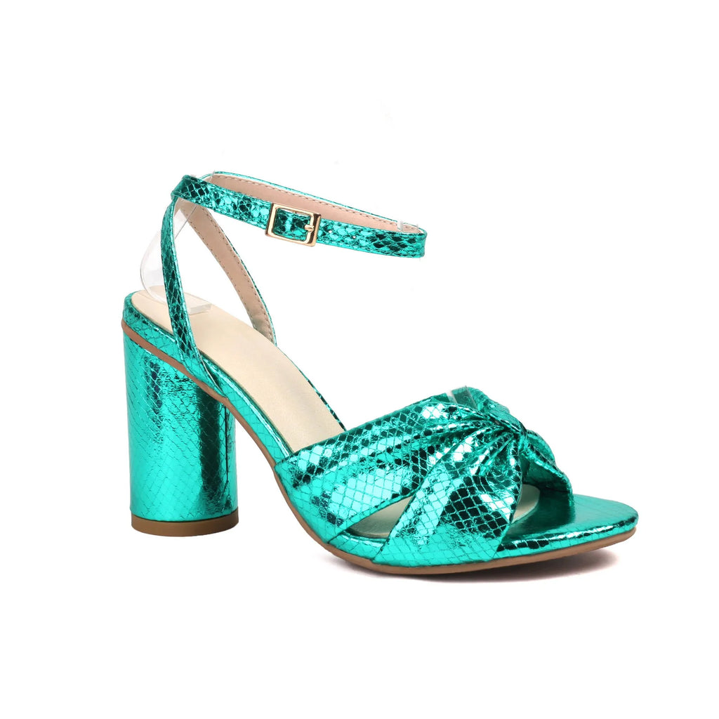 Women's gold high heel peep toe sandals with ankle buckle, shown in a wide fit size