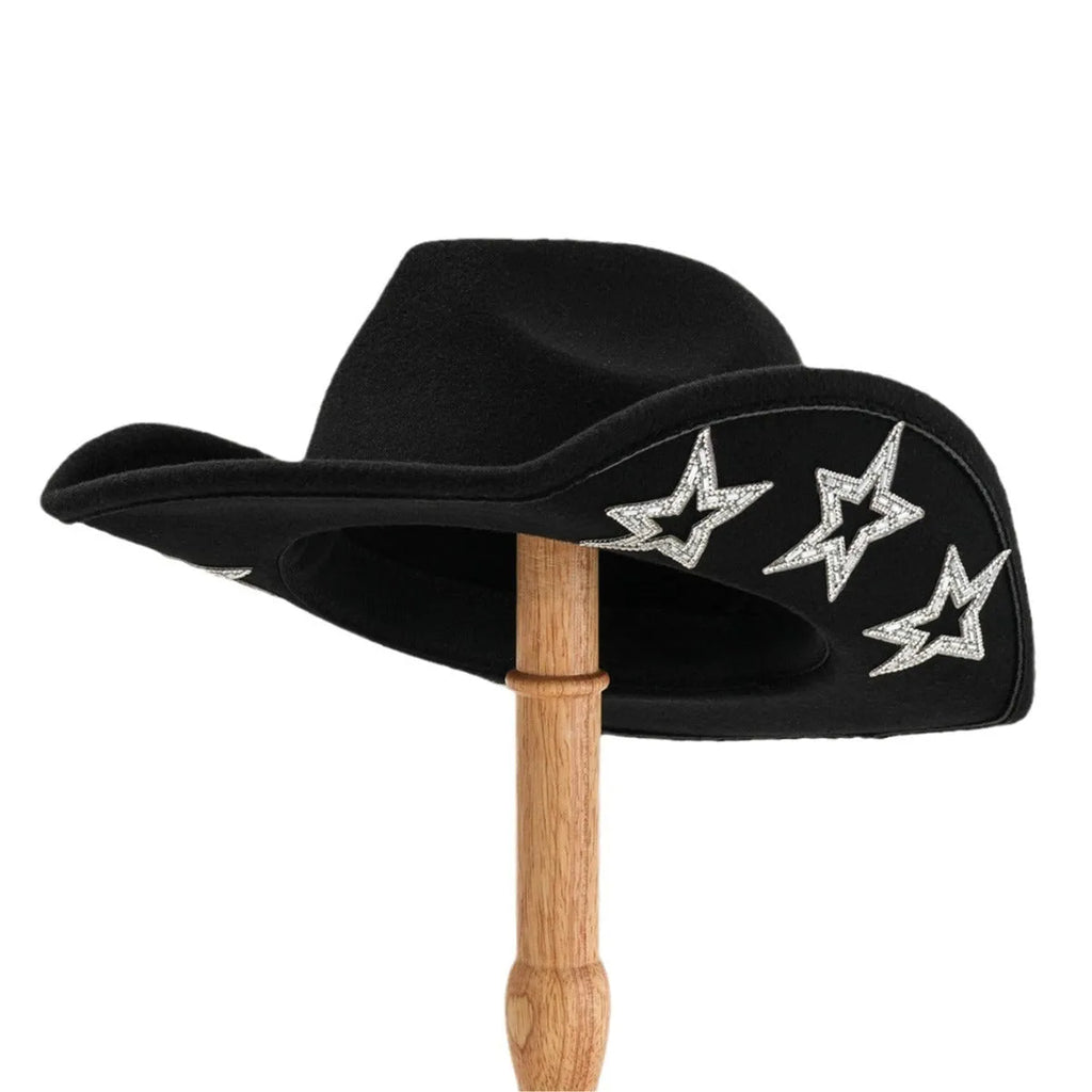Polyester felt Western-style conical top hat with hexagonal star decoration in beige.