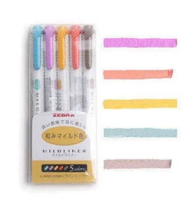 Set of 5 Zebra Mildliner double-sided highlighters in assorted soft colours