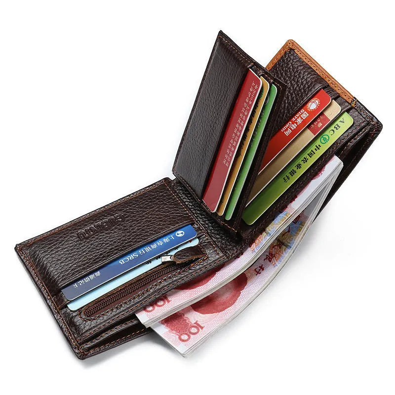 Horizontal cowhide leather wallet with personalised stitching, open to show card slots and a zipper compartment.