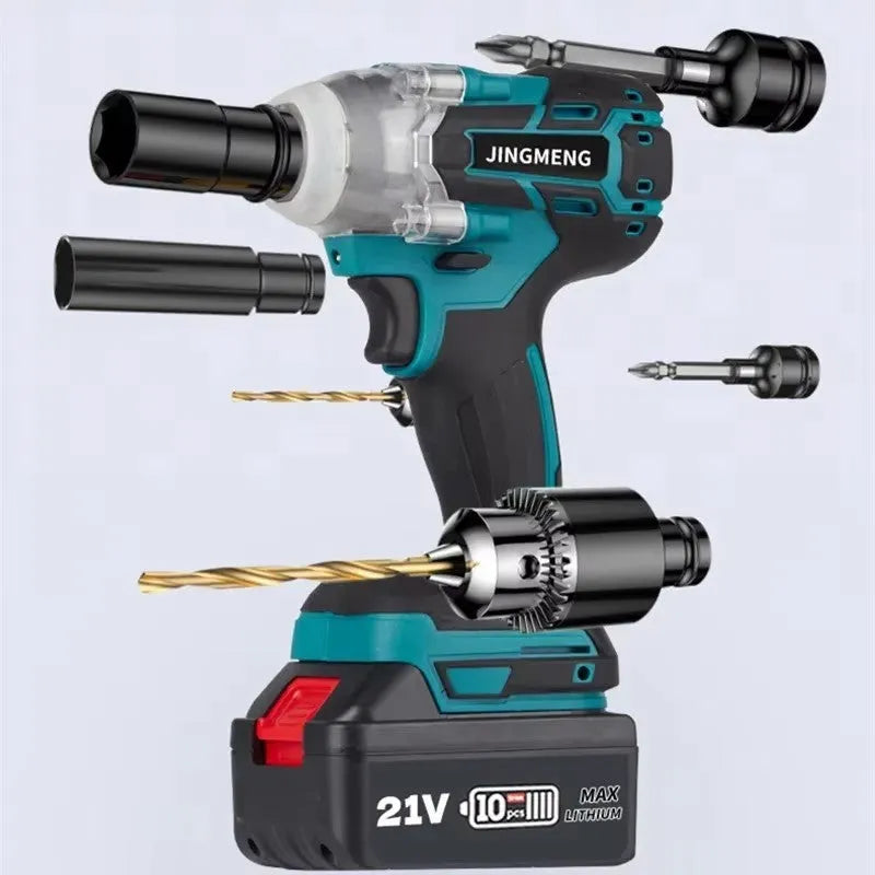 21V brushless electric impact wrench hand drill with lithium battery and 12.4mm chuck on workbench