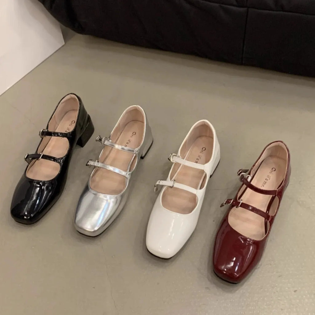 Chunky heel red Mary Jane shoes for women low top square toe PU upper rubber sole solid colour