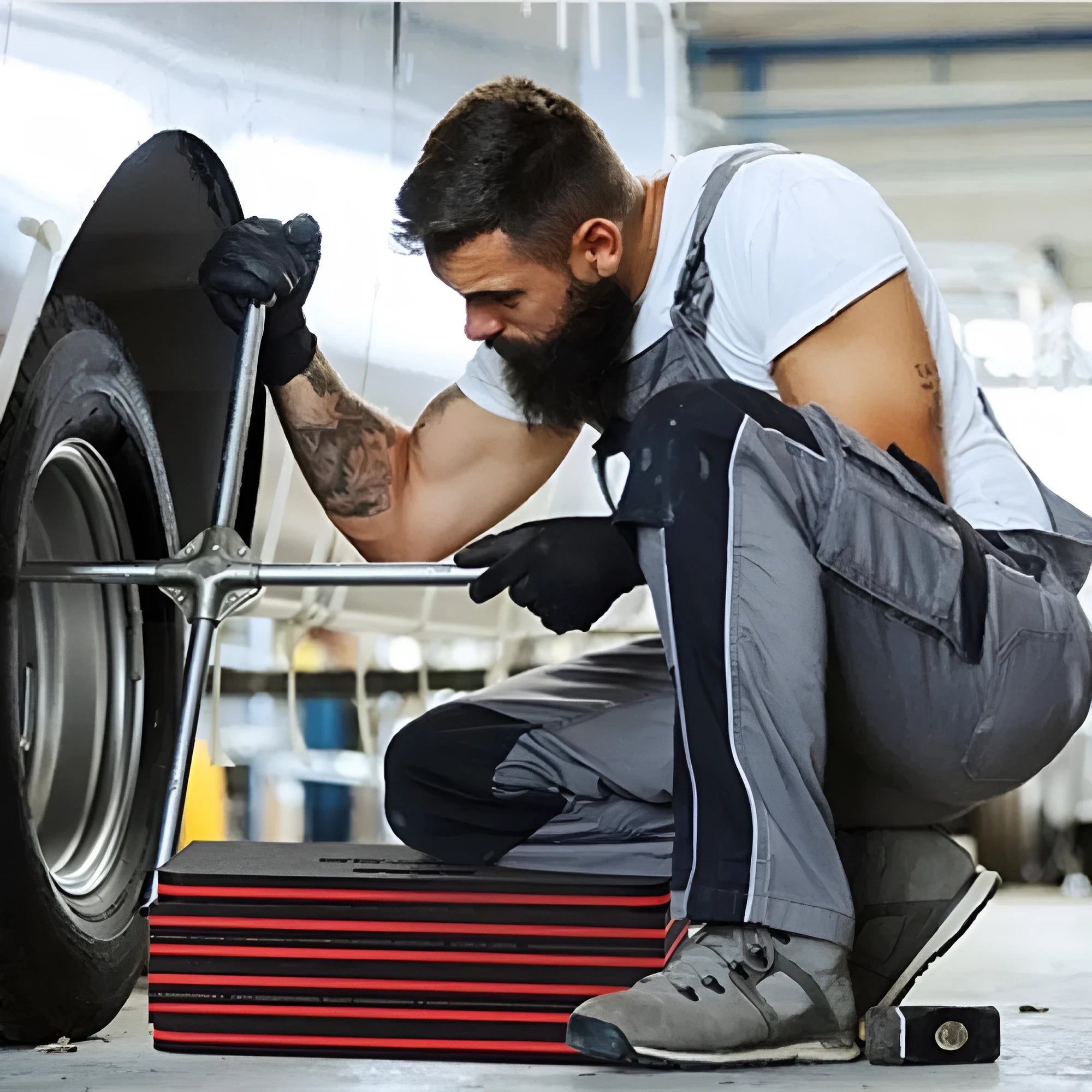 Grey EVA foam folding kneeling mat for car repairs, shown unfolded on a garage floor.