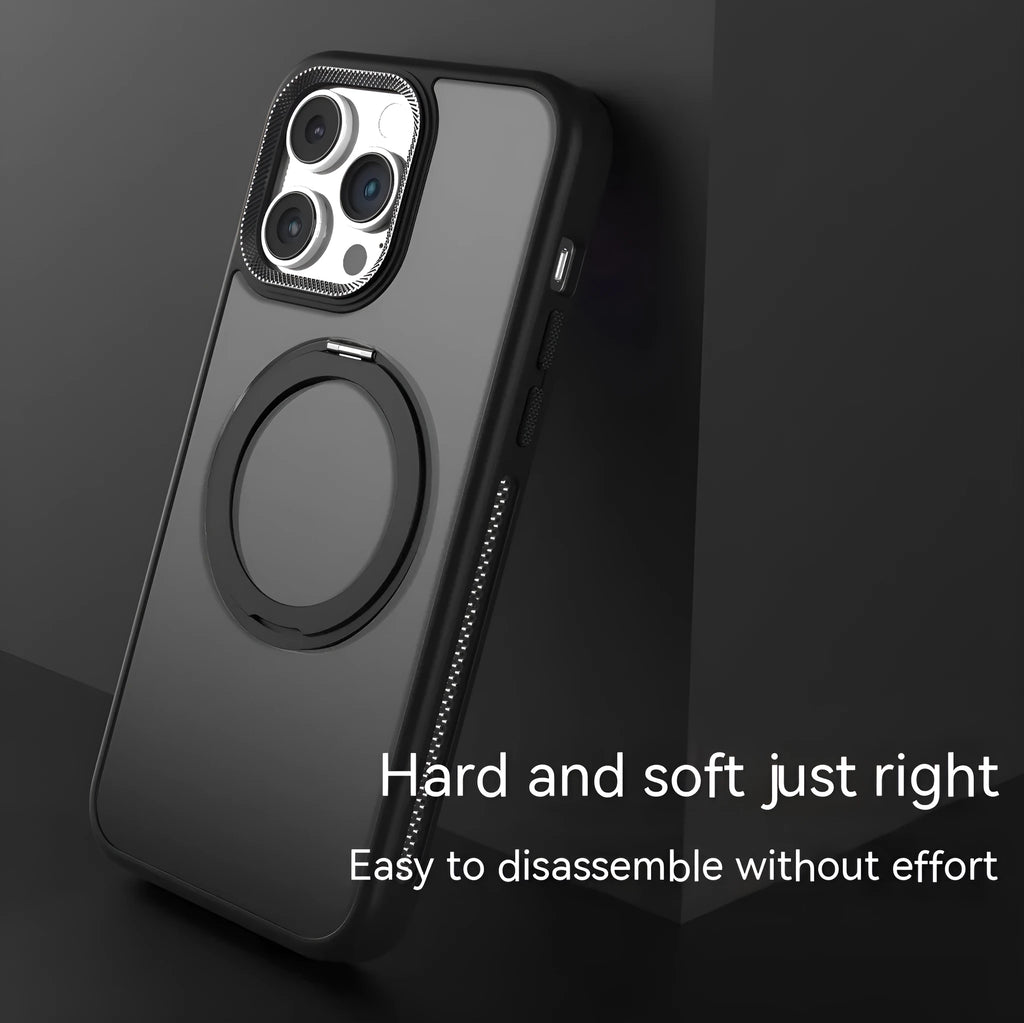 Rotating bracket magnetic suction silicone phone case for iPhone in deep space black colour.