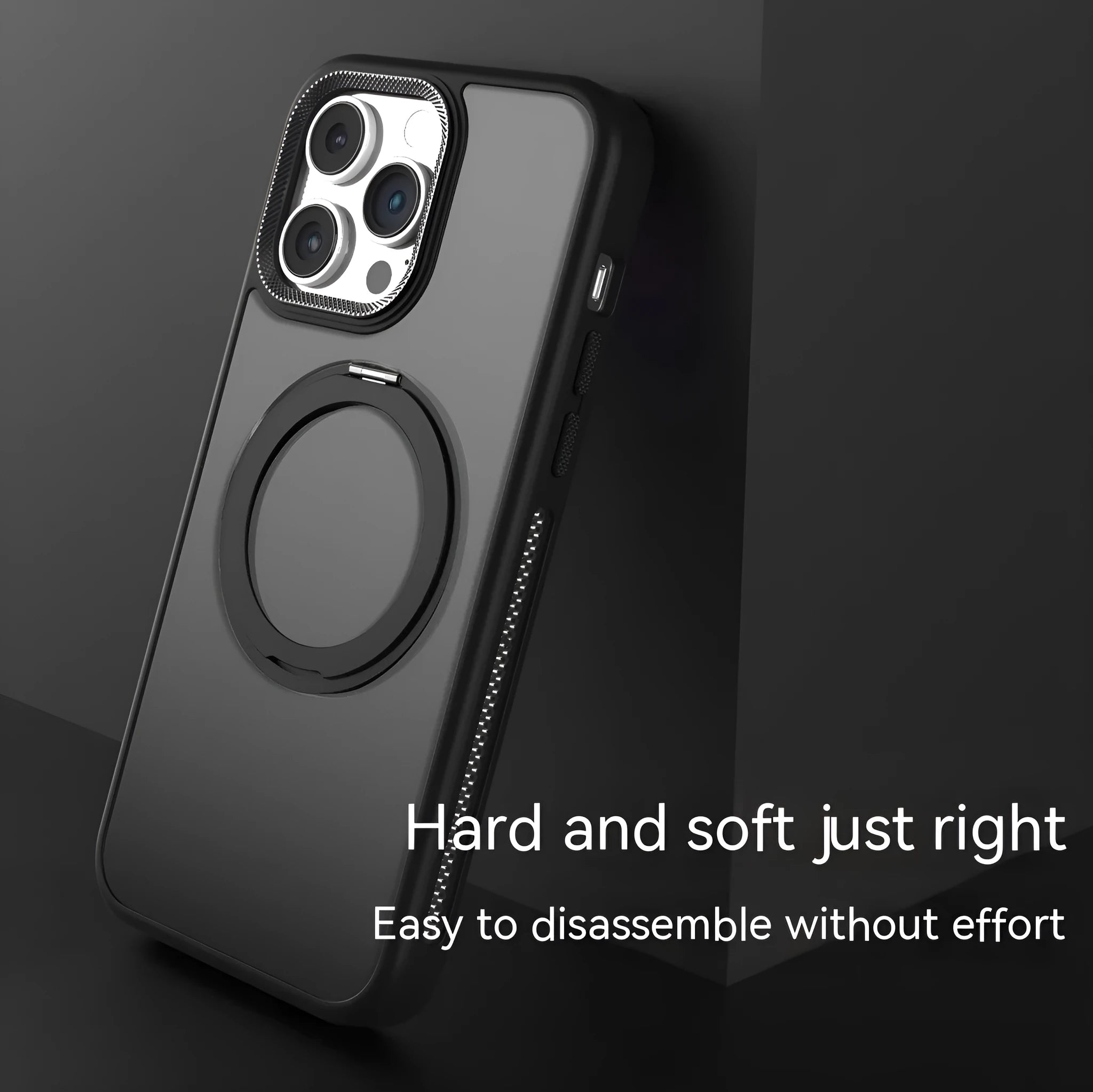 Rotating bracket magnetic suction silicone phone case for iPhone in deep space black colour.