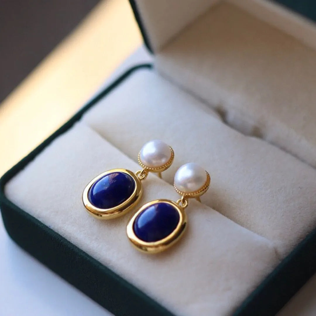 Lapis lazuli pearl stud earrings in 925 silver with auspicious pattern detailing