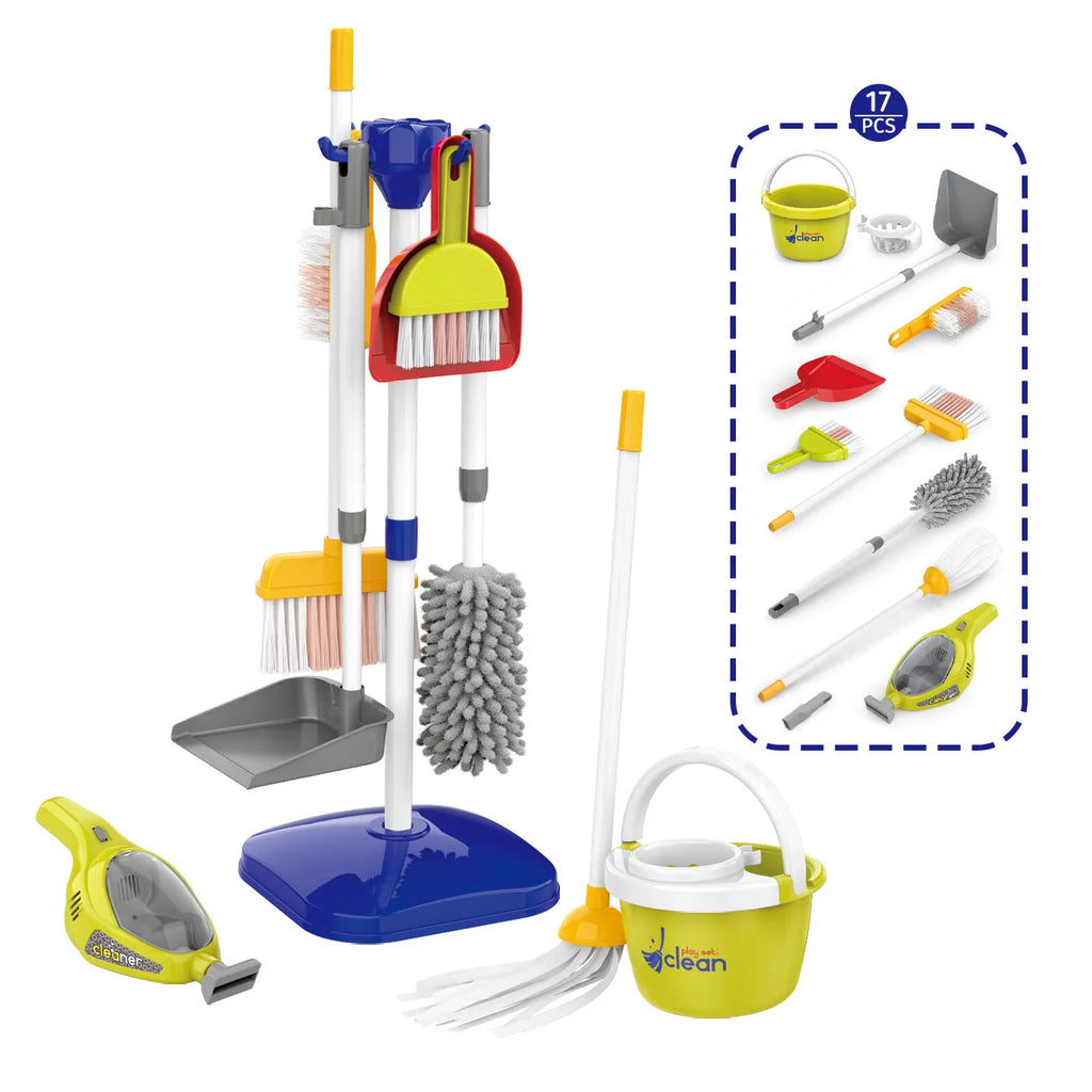 Children's play house cleaning toy set with ABS cleaning tools, stroller suit, and vacuum cleaner options in an English colour box