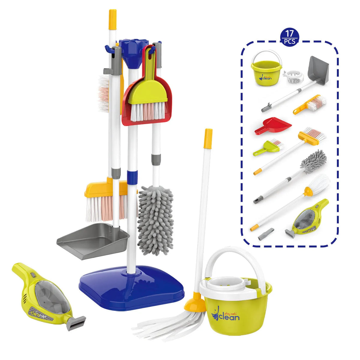 Children's play house cleaning toy set with ABS cleaning tools, stroller suit, and vacuum cleaner options in an English colour box