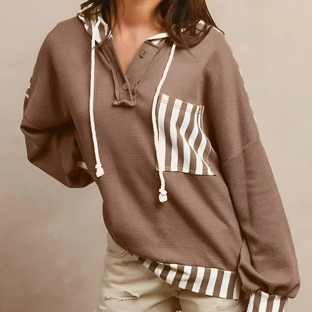 Straw yellow hoodie with waffle texture striped patchwork and a button neck drawstring