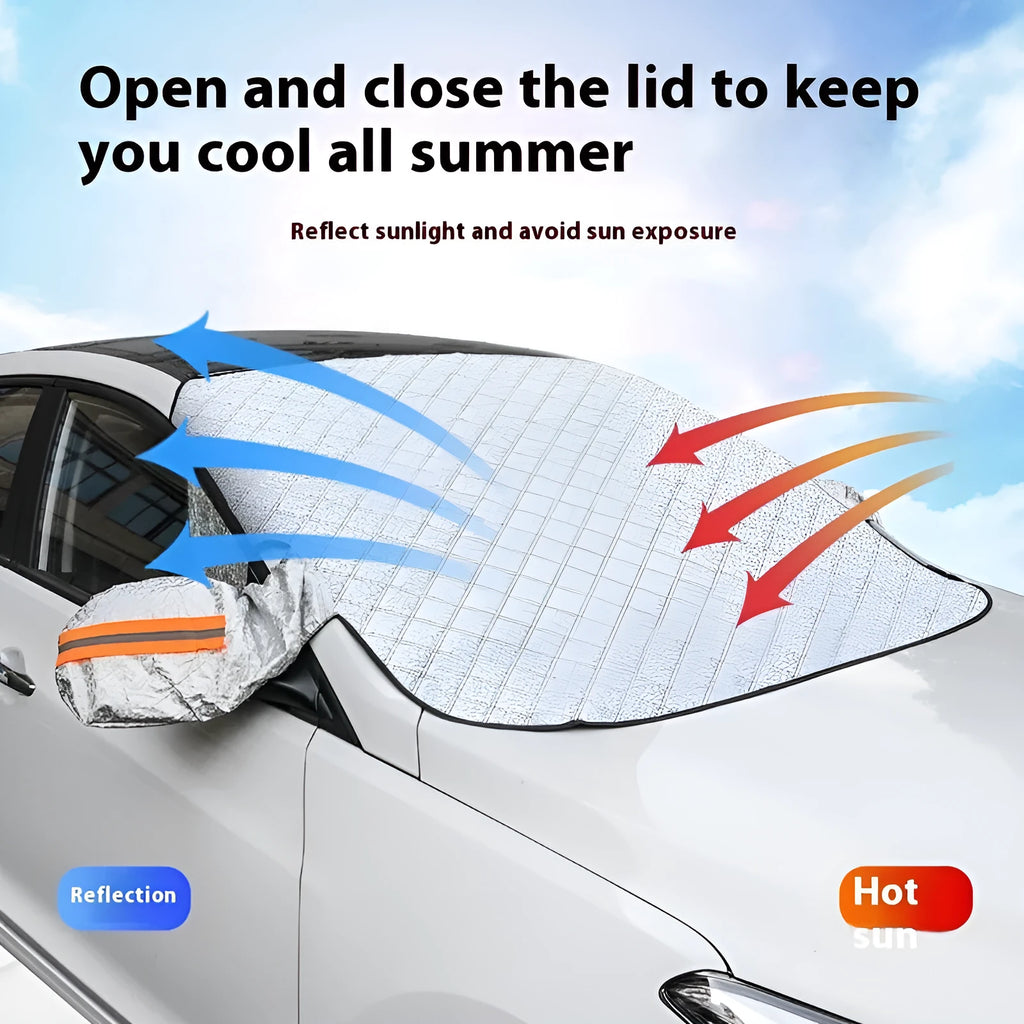 Large aluminium foil winter car cover with reflective stripes and magnets for SUV frost protection