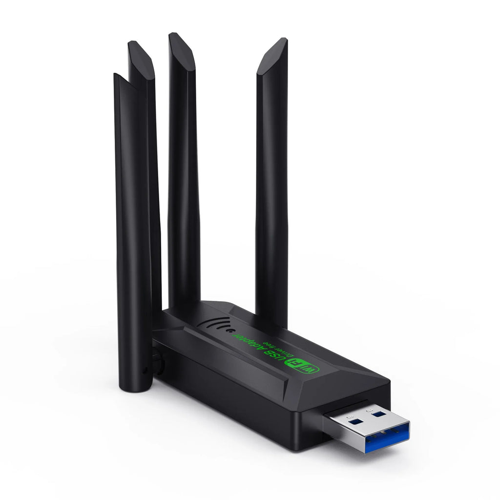 Black USB Wi-Fi network transmitter dongle with four external antennas.