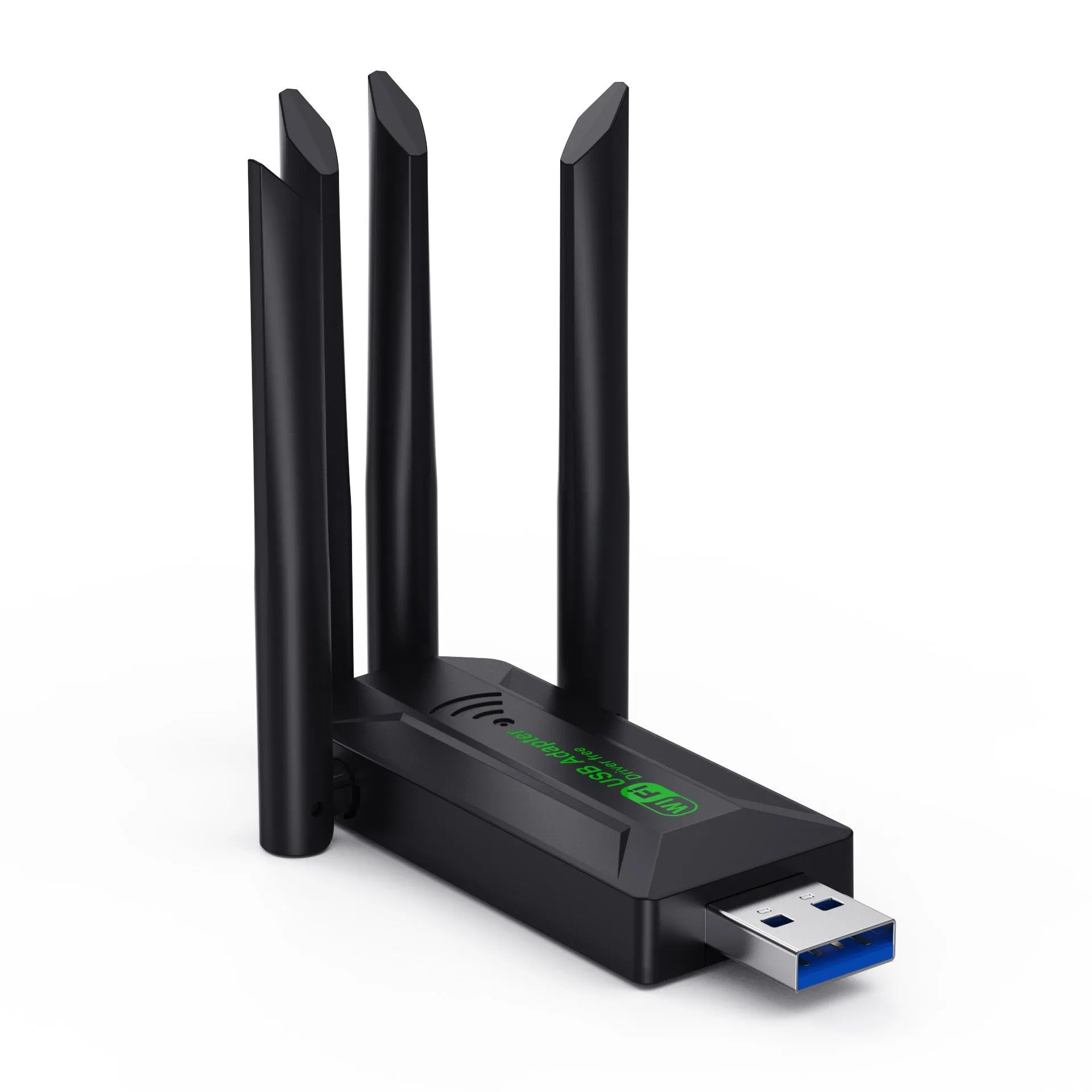 Black USB Wi-Fi network transmitter dongle with four external antennas.