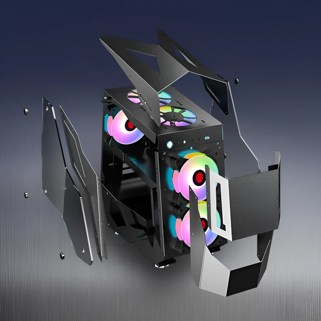 Full side tempered glass ATX computer case with SPCC steel chassis, black colour, showing internal component visibility