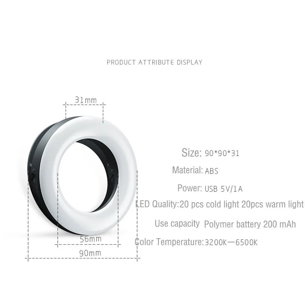 USB rechargeable selfie ring light with adjustable brightness settings for mobile photography
