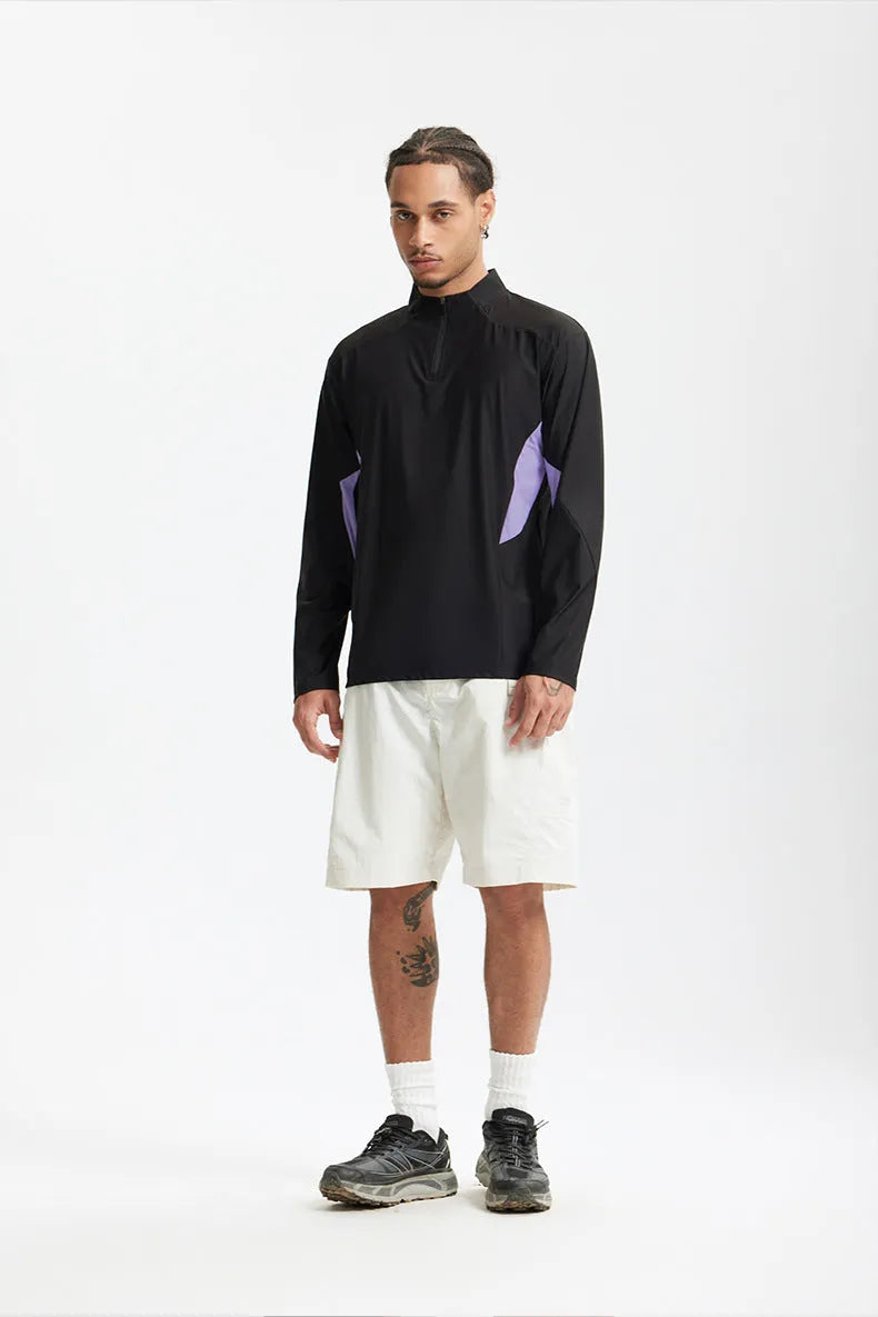 Men's lightweight black polyester casual shirt with stitching detail on long sleeve version