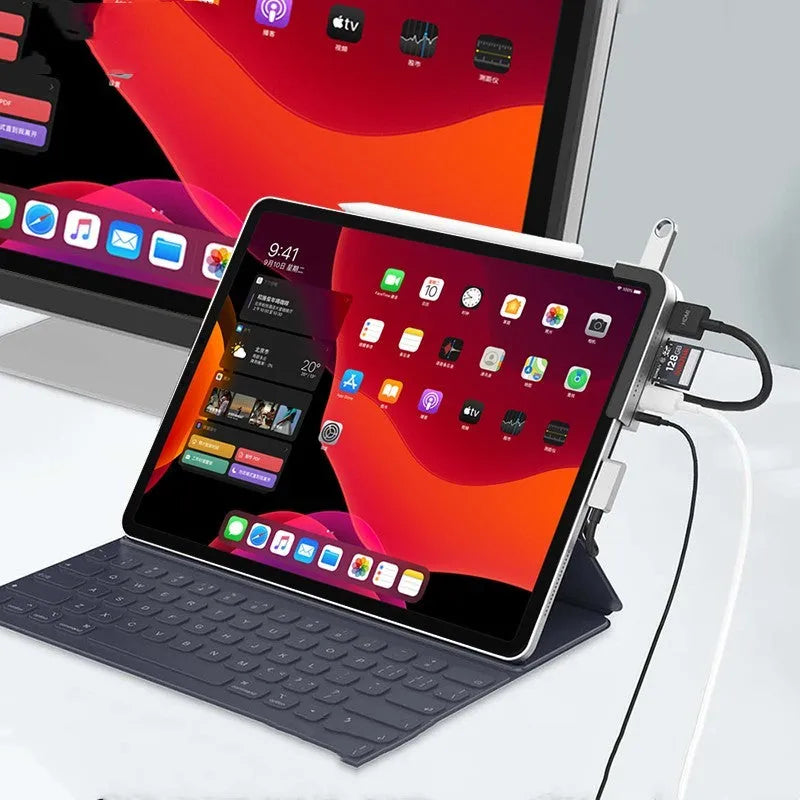 Silver aluminium grey USB-C 6-in-1 docking station for iPad Pro with HDMI port and card reader