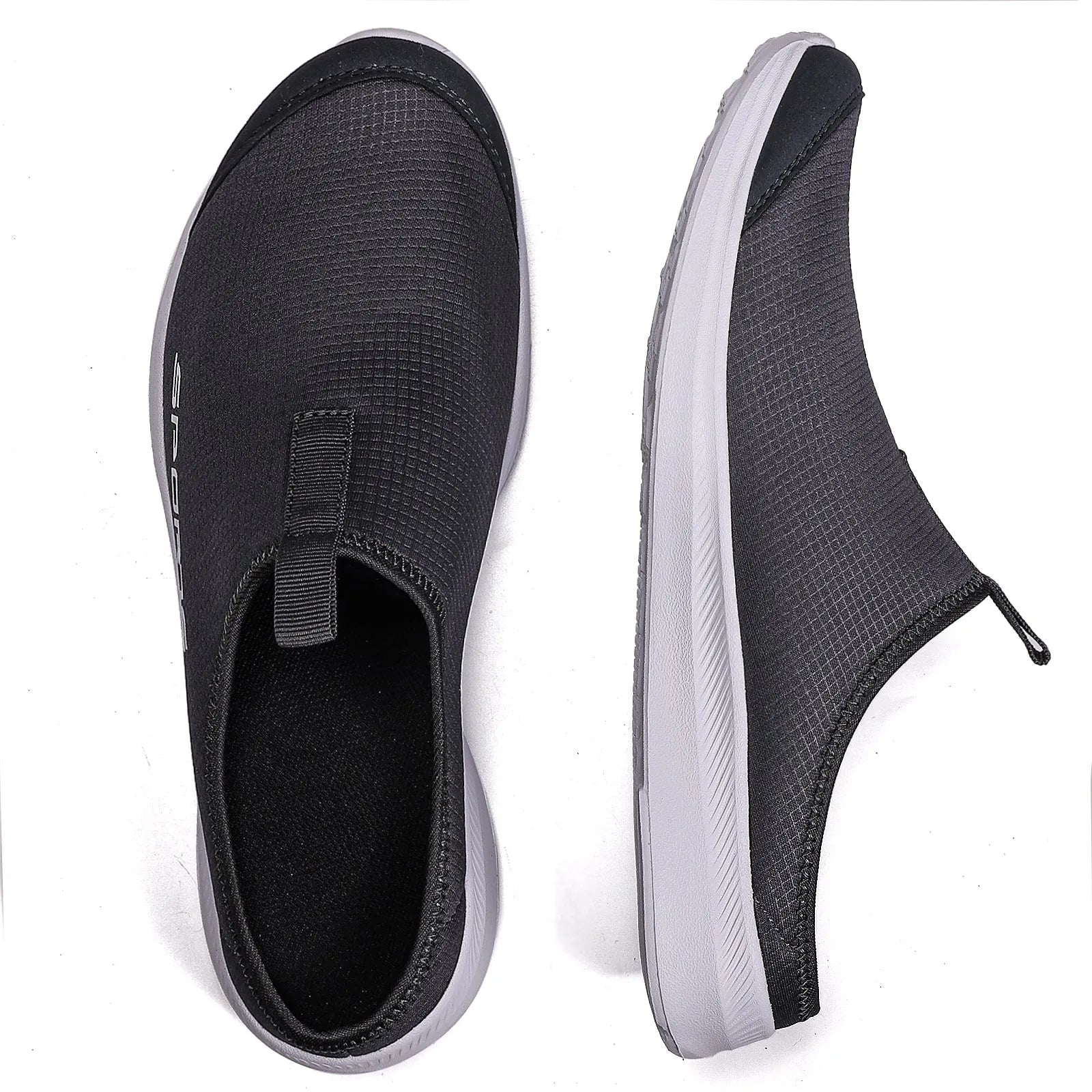 Men's breathable mesh half slippers in khaki with EVA sole, shown on a light background
