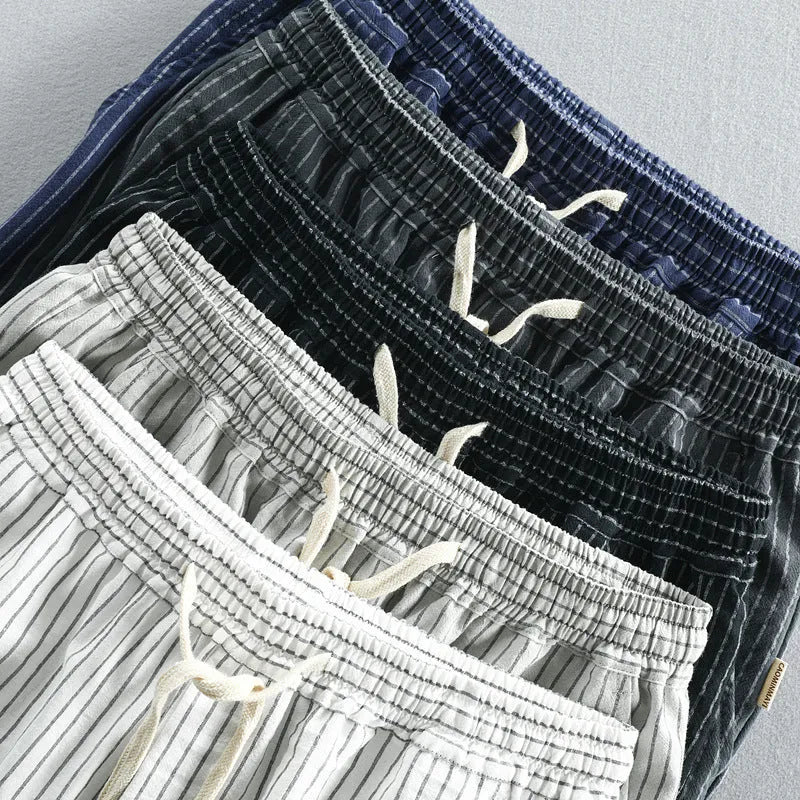 Men's striped casual cotton shorts in loose straight leg fit with micro elasticity