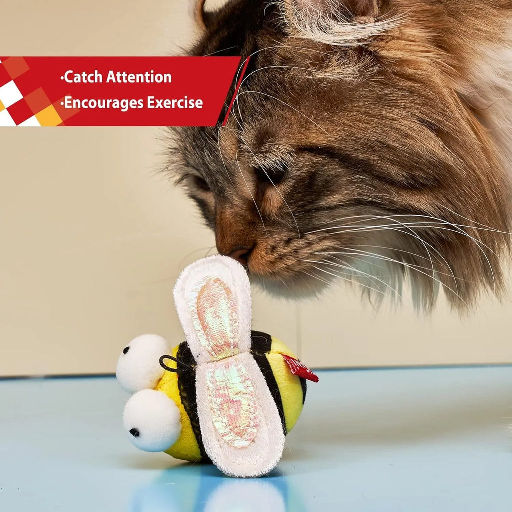 Yellow flannelette bee-shaped electronic cat toy with motion-activated squeaking sound