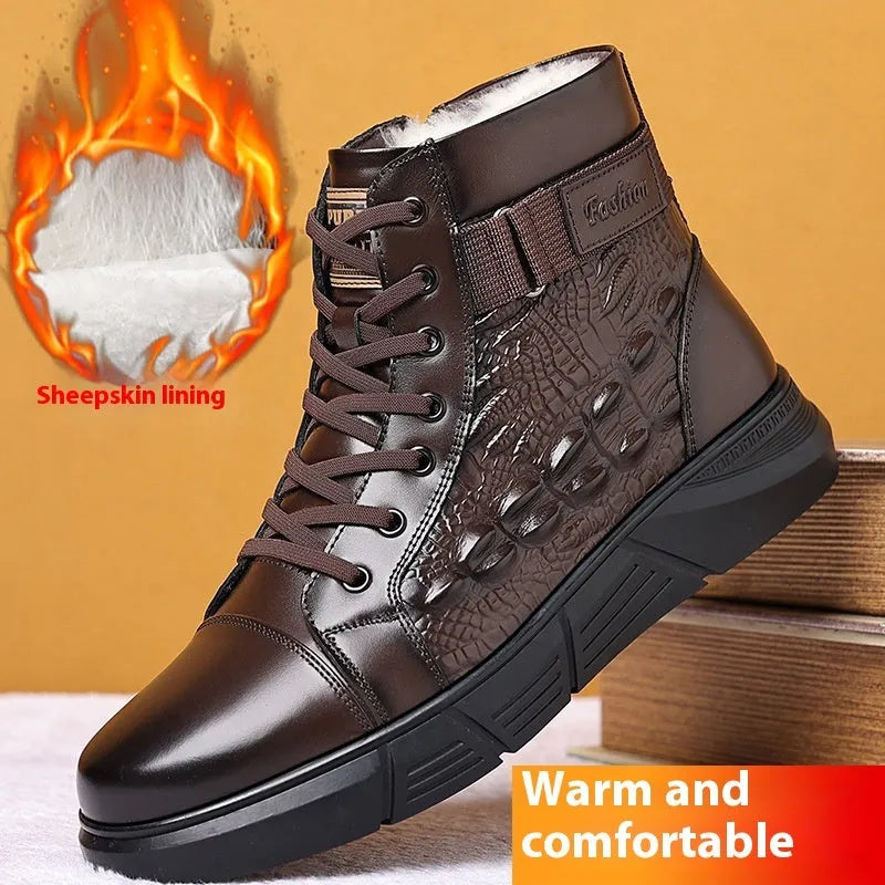 Women's black genuine leather lace-up winter boots with velvet detail and snow cotton lining.