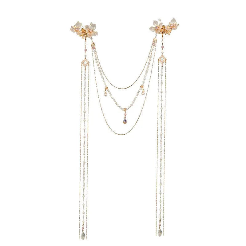 Women's acrylic hairpin with tassel shape, pearl diamond flower decoration and gold-colour grip