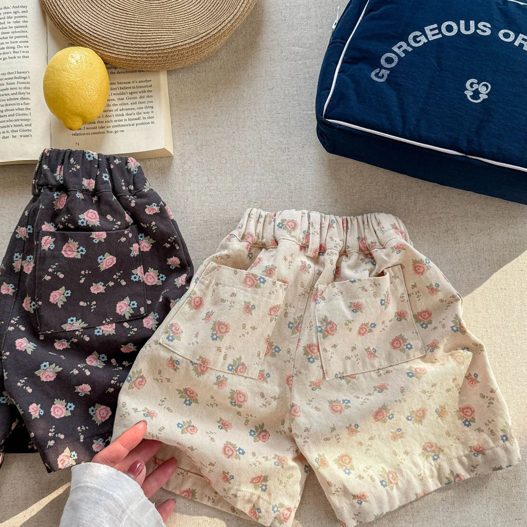 Summer washed cotton high-waist shorts for kids with hairband belt in beige and dark gray