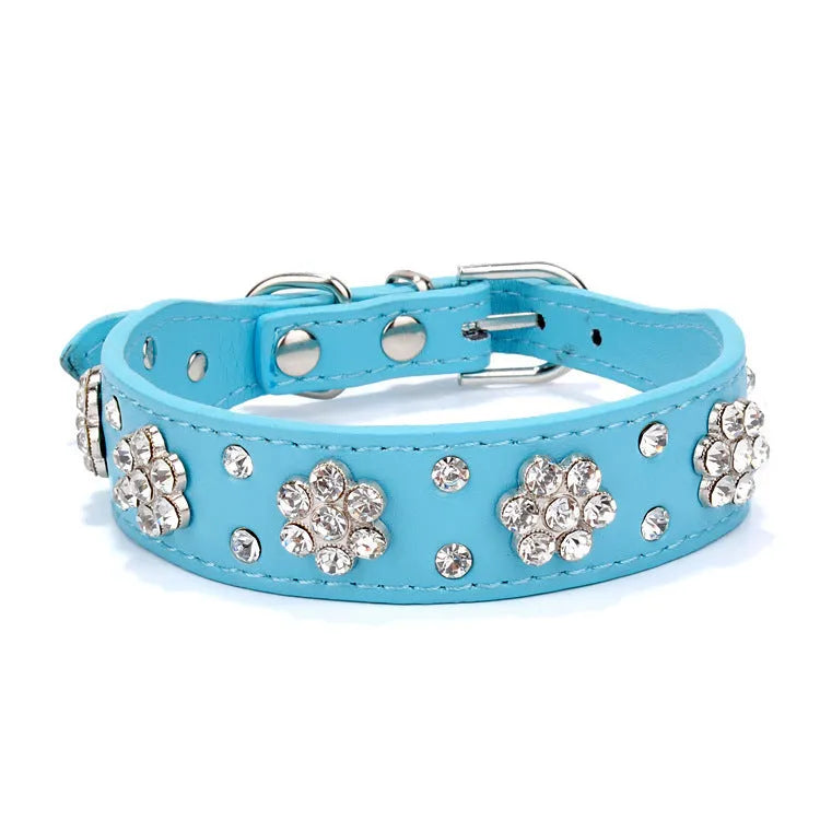 Rhinestone flower studded dog collar in PU leather for small medium dogs