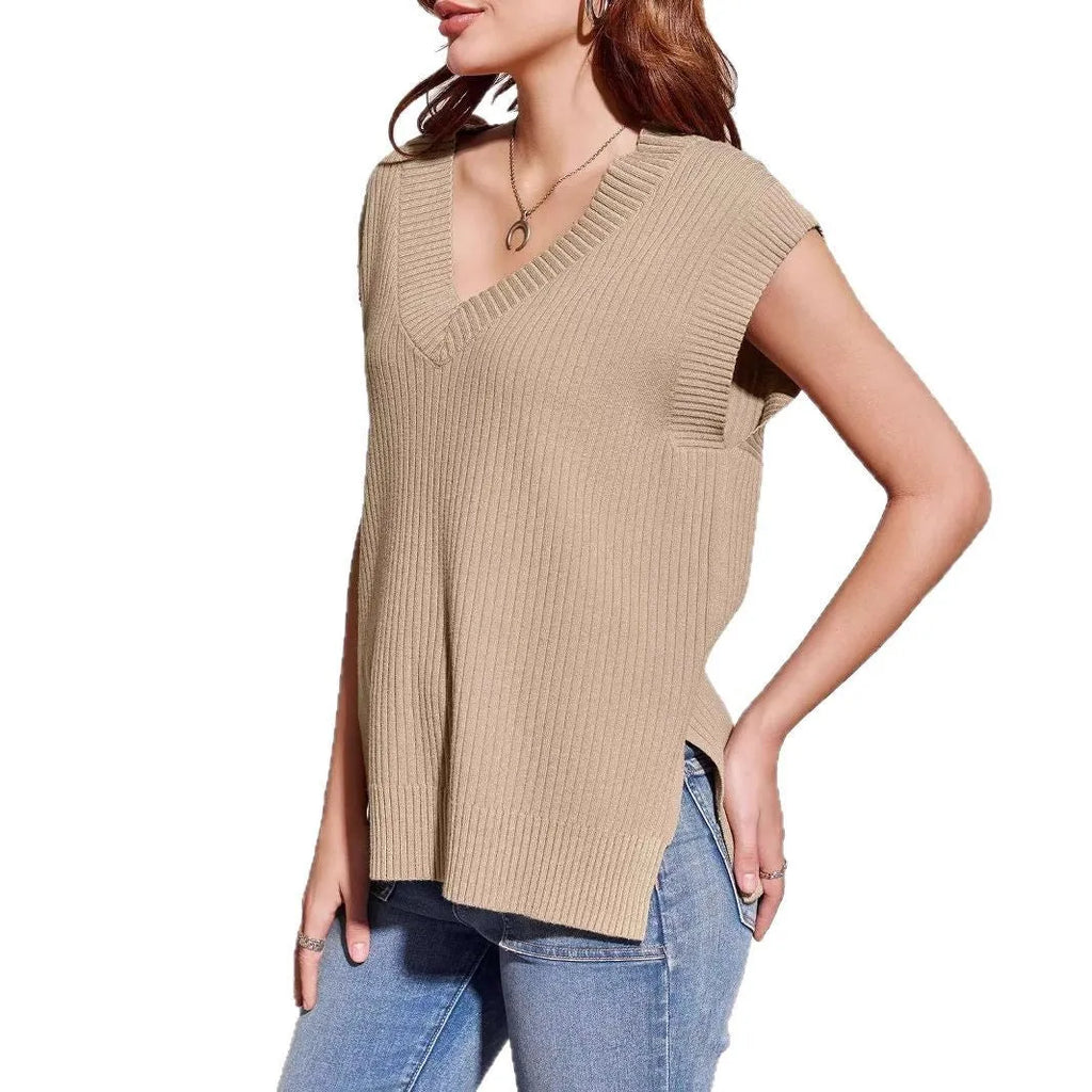 Women's camel-coloured V-neck sleeveless pullover vest with loose fit on hanger