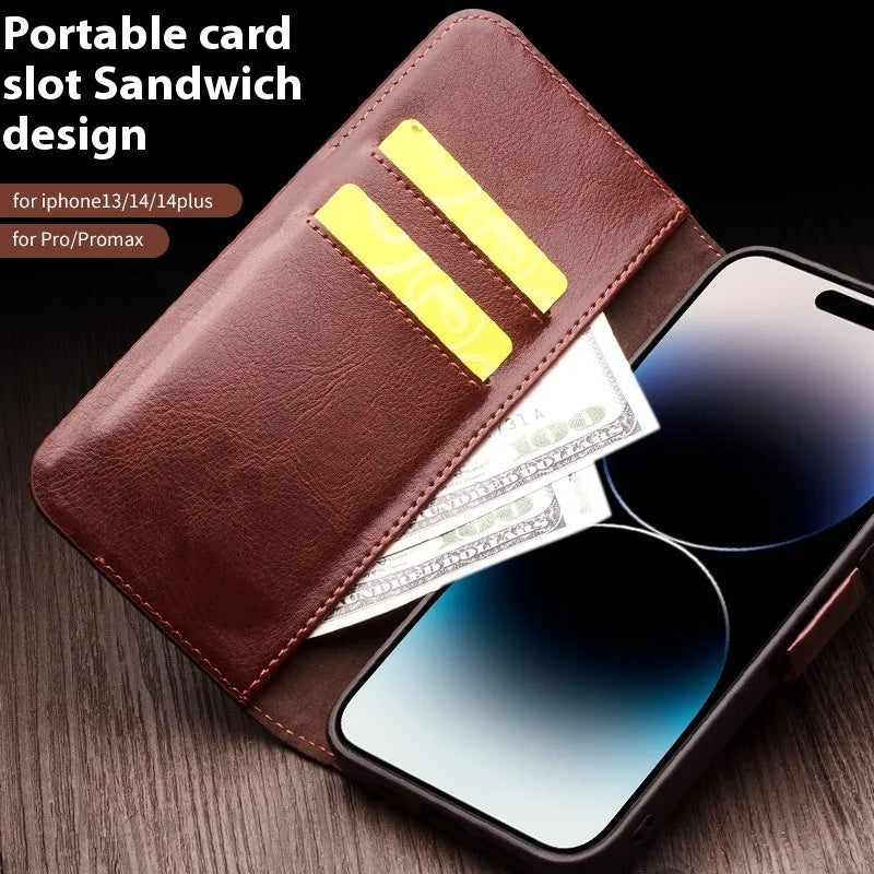 Genuine leather magnetic flip cover for iPhone 14 in black colour