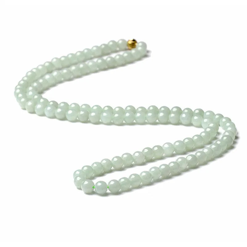 Natural jade bead necklace with white-green round beads on adjustable chain
