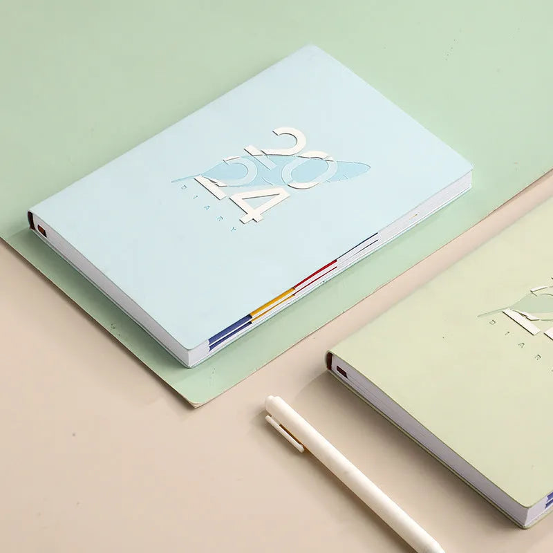 Imitation leather 2024 English schedule book in blue with 365 days daily planner, A5 size, thread stitching binding
