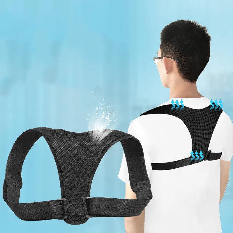 Black non-woven posture correction belt on a light background showing adjustable straps and size options S to XL