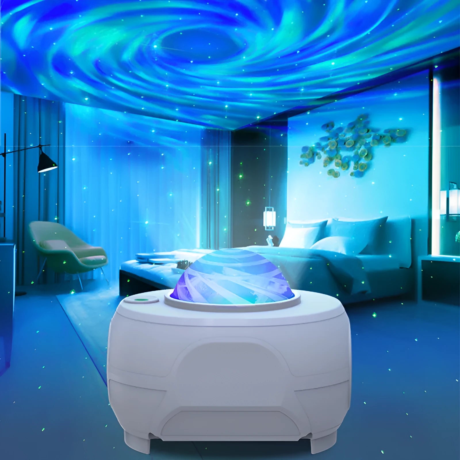 Swirl Moon Full Star Laser Atmosphere Lamp in white with remote control, USB powered, compact 93x85x74mm size