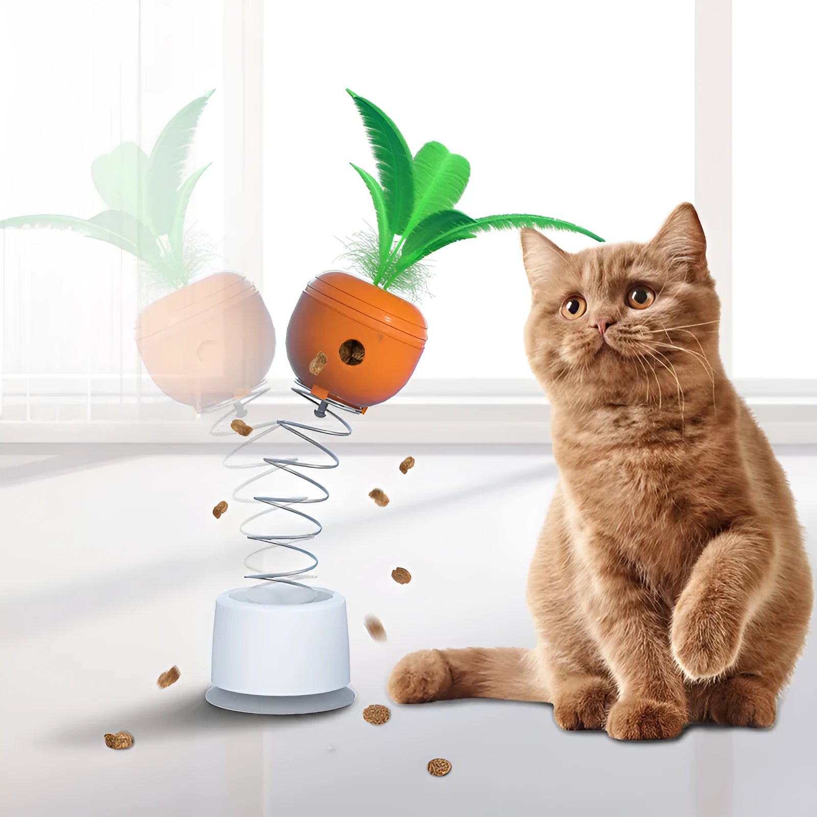 Carrot-shaped cat leaking food toy tumbler on floor, 6.3x6.3x9cm, made of ABS plastic
