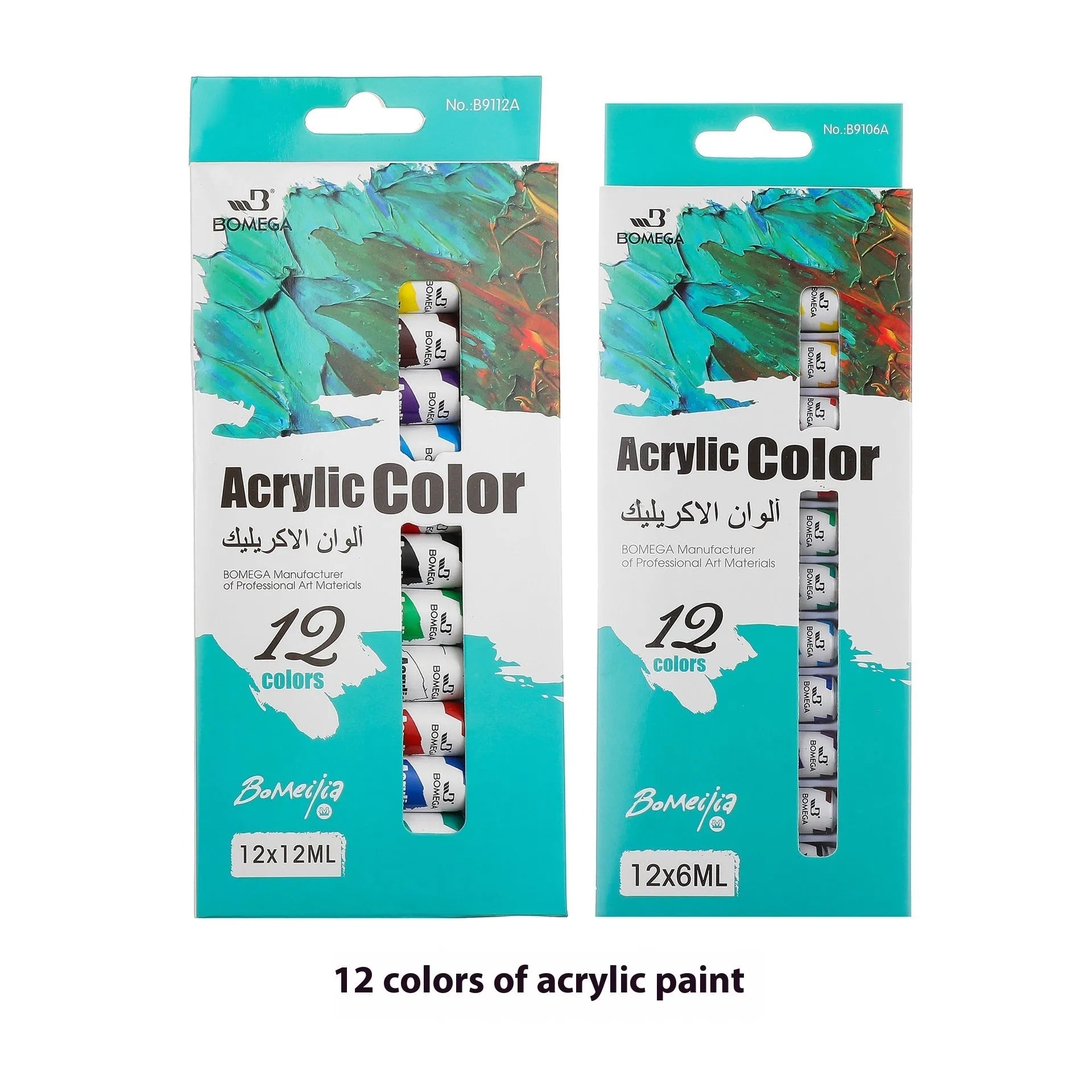 Artists' paint set showing twelve colour tubes organised in strips for acrylic, gouache, watercolour, and oil painting