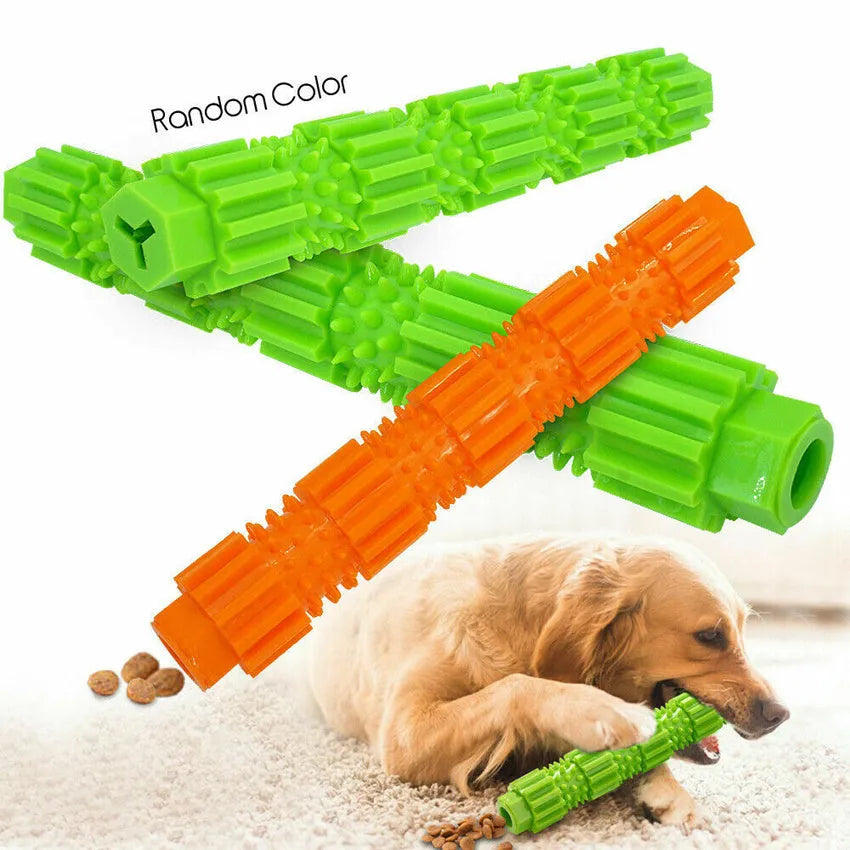 Green and orange durable rubber dog chew toy with treat dispenser hole for aggressive chewers.