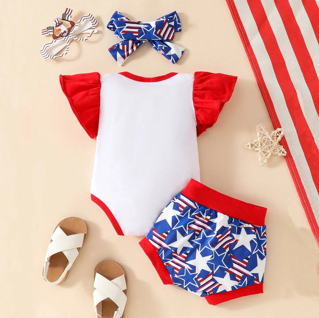 Baby sleeveless shorts suit summer three-piece set in blue with top, shorts and headscarf