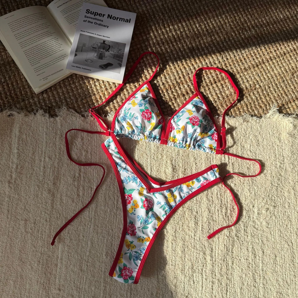 New women's split leopard print printed polyester bikini in brown, gold, and floral colours, sizes S M L