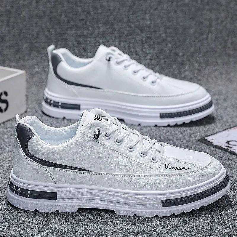 Men's white and black Korean style low-top platform sneakers with elastic band and round toe.