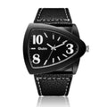 Men's casual quartz watch with triangle belt strap, shown in brown, black, and blue colour options.